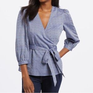 Draper James Embroidered Dot Chambray Wrap 3/4 Sleeve Top Size 2